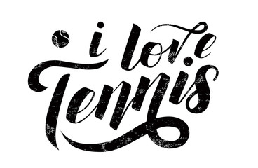 Wall Mural - I love Tennis black lettering text with tennis ball on white textured background, vector illustration. Tennis calligraphy. Sport, fitness, activity vector design. Print for T-shirt and caps.