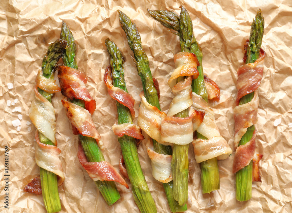 Bacon wrapped asparagus on parchment paper