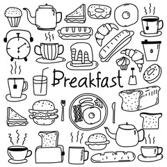 Line Hand Drawn Doodle Vector Breakfast Set. Vector Illustration.	