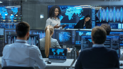 Aufkleber - Chief Project Engineer Holds Briefing for a Team of Scientists that are Building Machine Learning System. Displays Show Working Model of Neural Network.