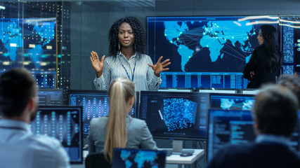 Aufkleber - Chief Project Engineer Holds Briefing for a Team of Scientists that are Building Machine Learning System. Displays Show Working Model of Neural Network.