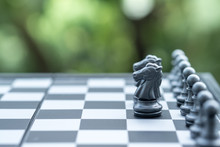 Board Game, Business And Planning Concept. Close Up Of Black Chess Knight Pieces On Chessboard In Front Of Row Of Pawn Pieces With Green Nature Background.