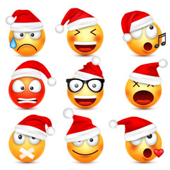 Smiley,emoticon set. Yellow face with emotions and Christmas hat. New Year, Santa.Winter emoji. Sad,happy,angry faces.Funny cartoon character.Mood. Vector.