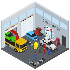 Wall Mural - Car Service Interior with Furniture and Equipment Isometric View. Vector