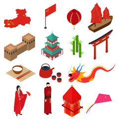 Poster - China Touristic Symbols Isometric View. Vector