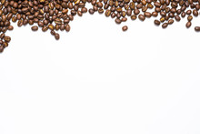 Flay Lay Style, Medium Dark Roasted Peaberry Coffee Beans Isolated On White Background With Copy Space For Text.