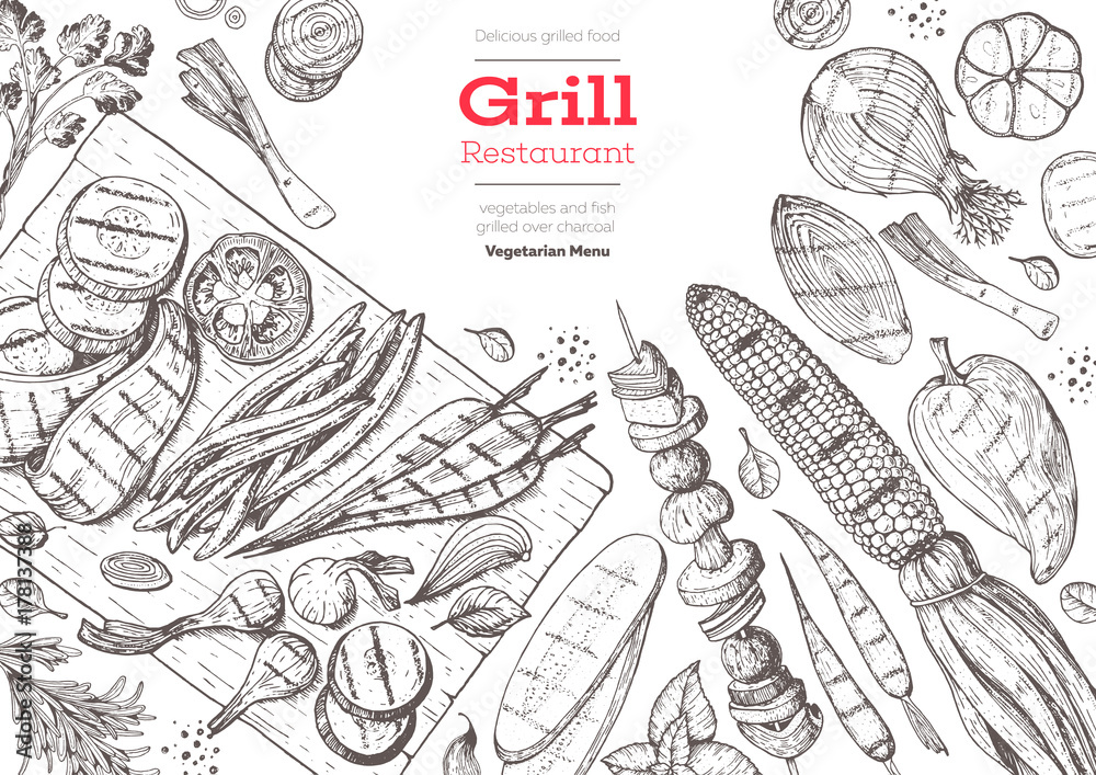 Grilled meat and vegetables top view frame. Vector illustration ...