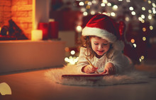 Child Girl Writing Letter Santa Home Near Christmas Tree.