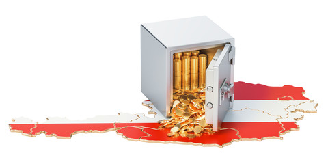 Poster - Safe box with golden coins on the map of Austria, 3D rendering