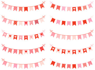 Cute buntings with hearts, dots and stripes in pink and red colors for Valentines day, invitations and greeting cards