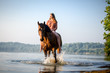 Reiterin mit Pferd im See