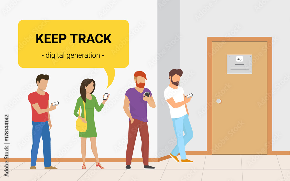 Waiting in line near a door flat vector illustration of people using ...