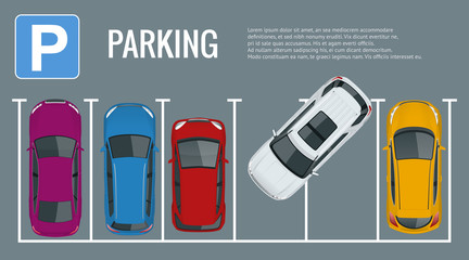 Vector illustration city parking lot with a set of different cars. Public car-park. Flat illustration for web. Urban transport. Large number of cars in a crowded parking.