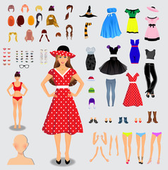 Big set for creation unique female character. Full body, legs, arms,face, eyes, eyebrows, hairstyle, lips, clothes, shoes, accessories isolated on white background. Vector illustration, clip art.