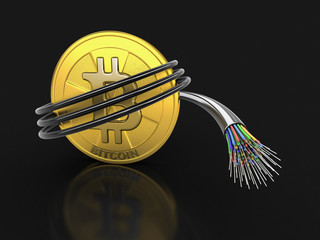 Poster - Bitcoin  with Optic fiber cable. Image with clipping path 