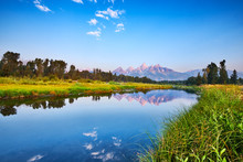Schwabacher's Landing At Sunrise - The Tetons Reflected In The Snake River Early On A Summer Morning