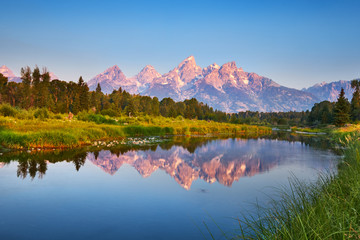 grand teton at schwabacher's landing on the snake river, wyoming