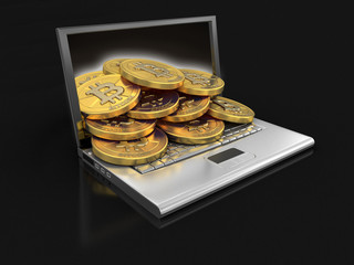 Poster - Laptop and bitcoins. Image with clipping path