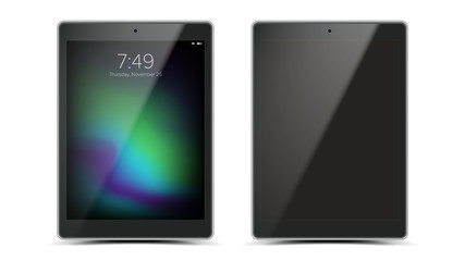 Poster - Tablet Mockup Design Vector. Black Modern Trendy ouch Screen Tablet Front View. Isolated On White Background. Realistic 3D Illustration
