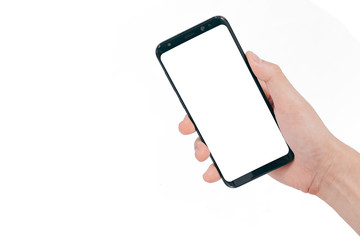Poster - Smartphone Mock up,Hand holding blank white screen mobile phone isolated on white background with clipping path for design