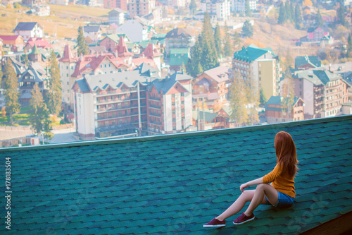 Beautiful Casual Fashion Lady On Roof Top Having Relax Time
