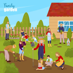 Wall Mural - Gardening And Family Illustration