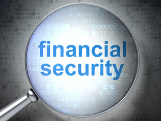 Protection concept: magnifying optical glass with words Financial Security on digital background, 3D rendering