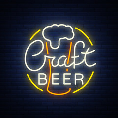 Wall Mural - Original logo design is a neon-style beer craft for a beer house, bar pub, brewery brewery tavern, stuffing, pub, restaurant. Night beer advertising, neon glowing bright sign