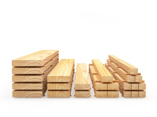 Wall Mural - Various wooden boards and planks in stacks front view on white background. Construction materials. 3D illustration