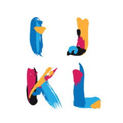 Fototapete - Hand drawn with ink brush strokes alphabet letters I, J, K and L. Bright watercolor blobs and imprints in vivid typography design.