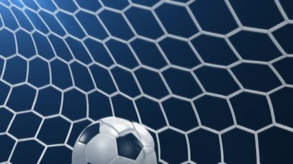 Wall Mural - goal!!! soccer ball flies into the goal on a black background. beautiful 3d animation, 4k. look for 