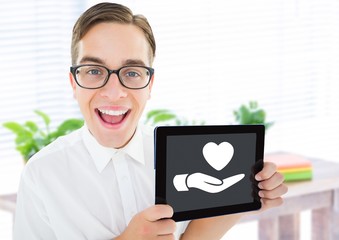 Poster - Man holding tablet with hand giving heart love
