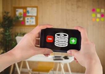 Poster - Hand using phone with money and plus and minus buttons