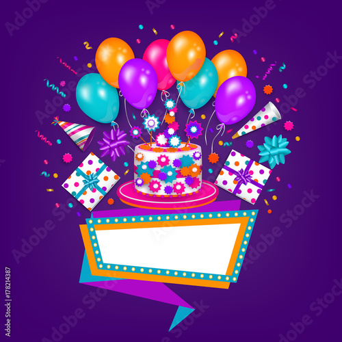 Happy Birthday Greeting Card Poster Design With Cake Present