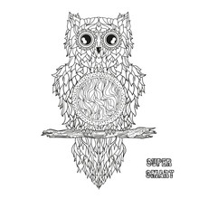 Owl. Mandala. Pretty Bird. Detailed Hand Drawn Night Owl With Abstract Patterns On Isolation Background. Design For Spiritual Relaxation For Adults. Black And White Illustration For Coloring. Zen Art