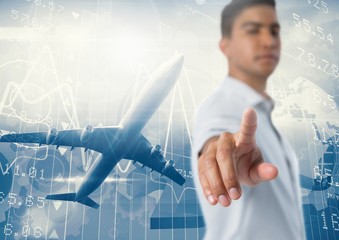 Poster - businessman pointing touching air in front of plane flying with
