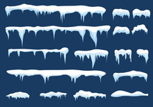 Set Of Snow Icicles, Snow Cap Isolated. Snowy Elements On Winter Background. Vector Template In Cartoon Style