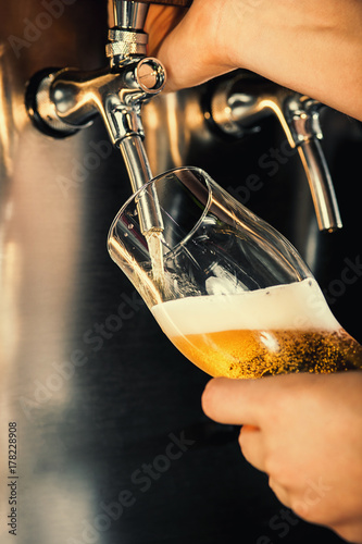 Hand of bartender pouring a large lager beer in tap. Tableau sur Toile