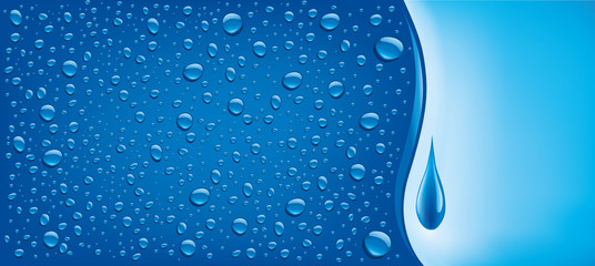 many water drops on blue background with place for text