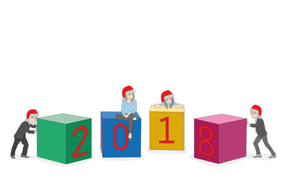 little men collect cubes (puzzle) with the inscription 2018. concept of the arrival of the new year. Vector illustration.