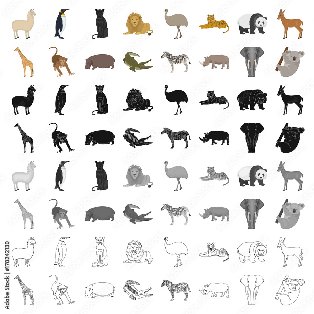 Ostrich emu, crocodile, giraffe, tiger, penguin and other wild animals ...