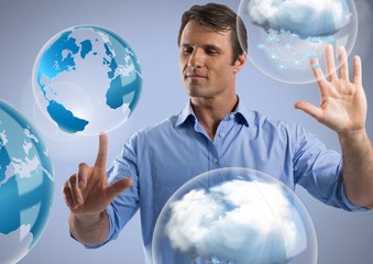 Poster - Cloud world bubbles and Businessman touching air with eyes
