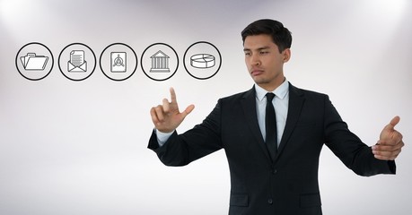 Sticker - Business icons and Businessman touching air with hand gestures