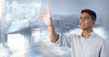 Poster - technology interface and businessman touching air in front of
