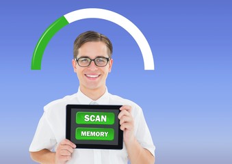 Poster - man holding tablet with memory scan status bar buttons