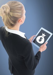Poster - Woman holding tablet with money bag icon