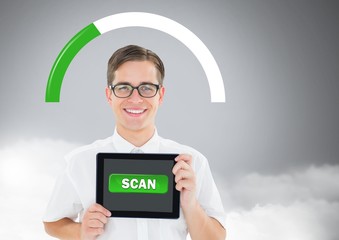 Poster - man holding tablet with scan button and status bar