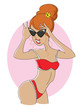 © nnv - beautiful tanned girl with sunglasses and red swimsuit. vector background