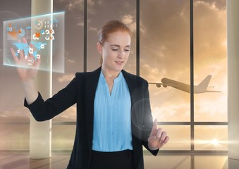 Poster - map information interface and businesswoman touching air in