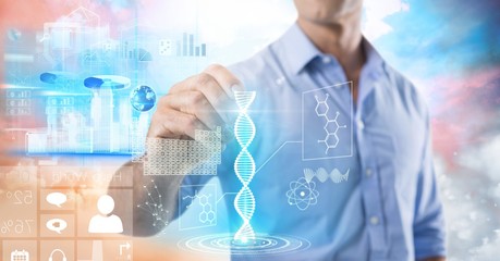 Poster - Science and technology interface and Businessman holding pen in